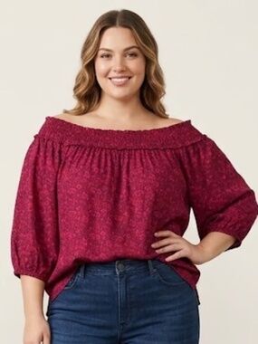 Lane Bryant Women's Blouse 26/28 Berry Red Floral Off The Shoulder Shirt Rayon